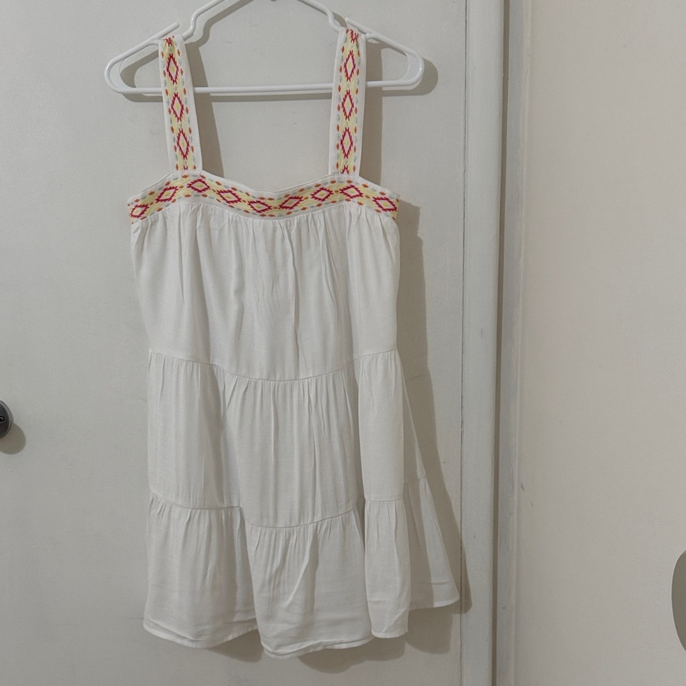 White Tiered Camisole Dress with Pink Embroidered Straps